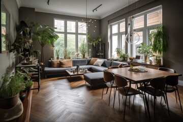 Fototapeta na wymiar Open, fashionable living and dining area with a sofa and a dining table. Room with lots of plants, dark wooden parquet, and lots of natural light. High quality generative AI