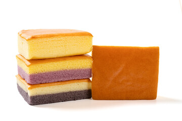 angle view cheese flavor and sweet potato mixed with pumpkin flavor and millet mixed black rice flavor sponge cakes on white