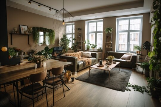 Open, fashionable living and dining area with a sofa and a dining table. Room with lots of plants, dark wooden parquet, rug, and lots of natural light. High quality generative AI