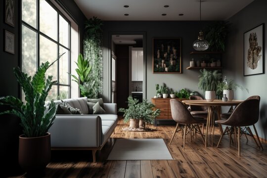 Open, fashionable living and dining area with a sofa and a dining table. Room with lots of plants, dark wooden parquet, and lots of natural light. Generative AI