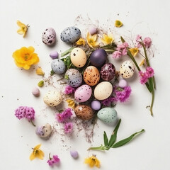 Fototapeta na wymiar easter eggs with white background, quali eggs, flowers, páscoa, IA Generativa