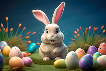 Cute and happy bunny with many easter eggs, Background with grass, festive background, Generative Ai