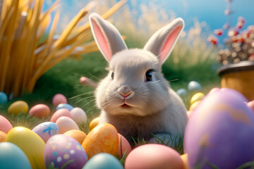 Fototapeta na wymiar Cute and happy bunny with many easter eggs, Background with grass, festive background, Generative Ai