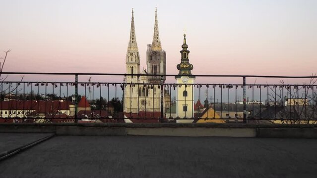 Aerial view of Zagreb Cathedral and city skyline at sunset with as seen from Gradec, Zagreb, Croatia