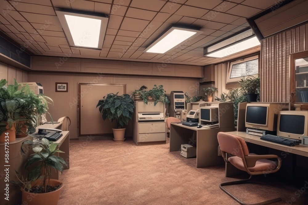 Wall mural 1980s styled office interior. vintage computers and desks, lots of plants. nobody. generative ai