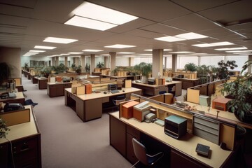 Fototapeta na wymiar 1980s styled office interior. Vintage computers and desks, lots of plants. Nobody. Generative AI
