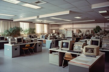 1980s styled office interior. Vintage computers and desks, lots of plants. Nobody. Generative AI - obrazy, fototapety, plakaty