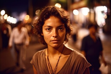 young woman in a Mexican City street at night looking at the camera . Generative AI	
