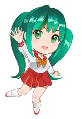 二頭身ロングヘアー女の子-緑髪