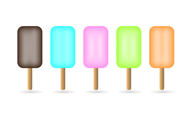 Set of ice lollys collection. Set of delicious ice cream with various flavors isolated on white. Chocolate glaze, bubblegum flavor, strawberry flavor, melon flavor, orange flavor