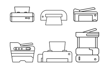 Flat printer vector icons set. Line style vector icon of printer isolated on white