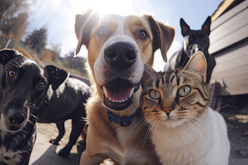 Gang of dogs and cats taking a selfie shot, generative AI