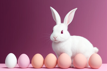 Fototapeta premium Artificial intelligence. Easter decorations. Painted eggs with bunny ears on a gray background. Generative AI. 