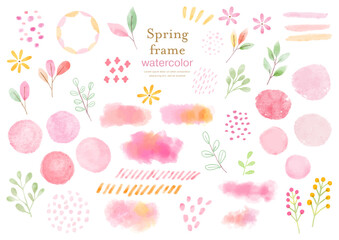 水彩　春の花と葉っぱのかわいい植物素材セット - obrazy, fototapety, plakaty