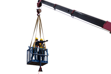 Construction worker wearing safety harnesses in mobile crane bucket at construction site. working...