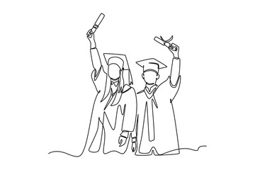 Single one-line drawing two best friends hugging on graduation day. Graduation concept. Continuous line draw design graphic vector illustration.