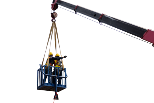 Construction worker wearing safety harnesses in mobile crane bucket at construction site. working at heights above ground ,safety for working at heights concept - Powered by Adobe