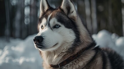 Naklejka premium Portrait of a Siberian Husky dog in the winter forest.Generative Ai