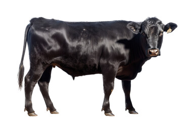 an isolated black cow side portrait, farm-themed photorealistic illustration on a transparent background cutout in PNG, generative ai