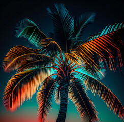 Ai Generated, palm tree with colorful sky background.