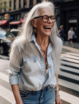 Stylish senior woman laughing on street in urban city wearing glasses. Generative AI.