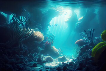 Obraz na płótnie Canvas Deep sea and aquatic life with sunshine background. Digital art illustration. Marine life and undersea concept. Generative AI