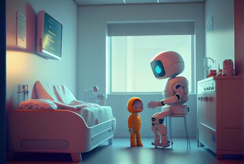 Nursing care robots take care of young patient in hospitals. Medical technology and healthcare concept. Generative AI