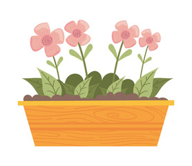 flowers in wooden pot