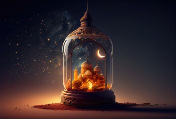 Ramadan festival lantern and props on the floor background. Culture and religion concept. Digital art illustration. Generative AI