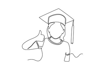 Single one-line drawing graduate giving thumb up on graduation day. Graduation concept. Continuous line draw design graphic vector illustration.