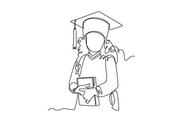 Single one-line drawing girl wearing a graduation cap. Graduation concept. Continuous line draw design graphic vector illustration.