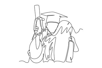 Single one-line drawing female graduate hugging her mother on graduation day. Graduation concept. Continuous line draw design graphic vector illustration.