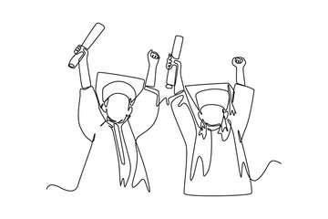 Single one-line drawing two best friends celebrating their graduation happily. Graduation concept. Continuous line draw design graphic vector illustration.