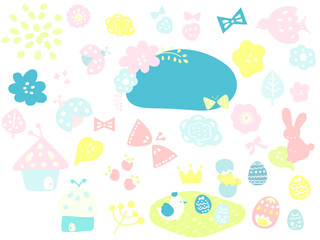 手描きでかわいい素材セット　北欧風春のお花と生き物たち
