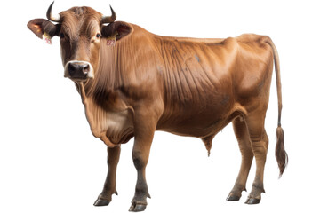 an isolated  Brown Bull cow side view strong and muscular, farm-themed photorealistic illustration on a transparent background cutout in PNG. Generative ai