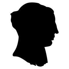 Head in profile of antique woman. Portrait of Egyptian Ptolemaic queen Berenice II Euergetis. Black silhouette on white background.