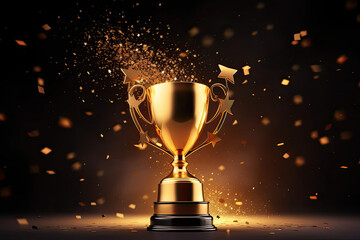 Winner Gold trophy with stars flying, generative Ai