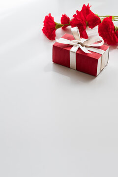 白背景に母の日のプレゼントと赤いカーネーションの写真素材