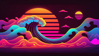 Generative AI, Neon Nostalgia: A Retro-inspired Background of Bold Wave-like Shapes and Vibrant Colors