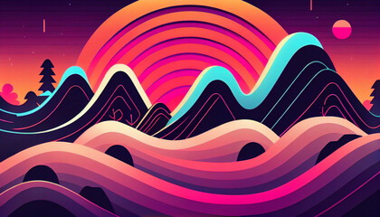 Generative AI, Neon Nostalgia: A Retro-inspired Background of Bold Wave-like Shapes and Vibrant Colors