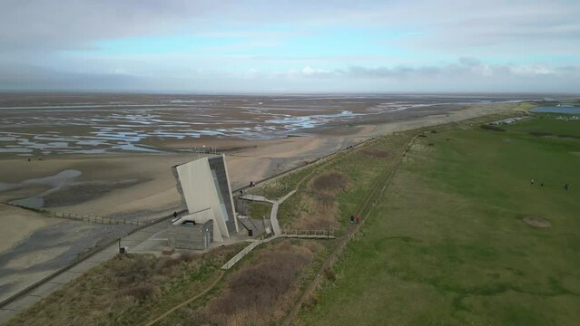 Orbit of tower at National Coastwatch Initiative Rossall Point Fleetwood revealing Fleetwood Golf Course