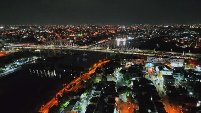 Aerial shot of juan Pablo Duarte Bridge at night, Santo Domingo, Dominica
 