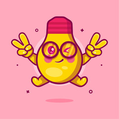 cute bulb lamp character mascot with peace sign hand gesture isolated cartoon in flat style design 
