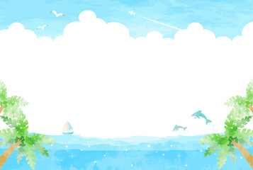 Obraz na płótnie Canvas 可愛いイルカと海とヤシの木の風景イラスト