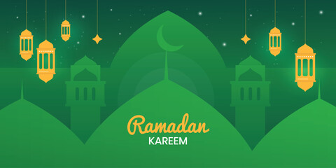 Ramadan Kareem background banner. Islamic Greeting Cards for Muslim Holidays and Ramadan. Vector banner, text in middle with lantern and Mosque