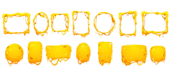 Cheese melt frames and borders of yellow sauce drips, vector Cheddar, Parmesan or Mozzarella. Cheese melting frames and borders of yellow cartoon cheesy flows for picture or photo background - obrazy, fototapety, plakaty