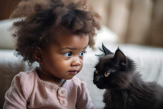 A 2 year old mix race girl embraces a black kitten, generative ai
