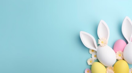 Easter eggs with a bunny ears and flowers on a blue background. Generative AI