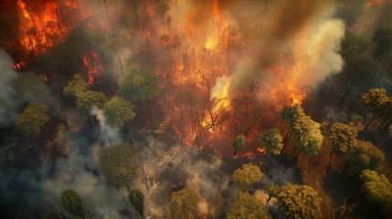 Obraz na płótnie Canvas aerial view of the burning jungle in fire ai generated artwork