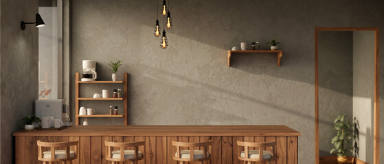 Beautiful modern loft kitchen or snacks bar interior design with wooden counter bar, stools